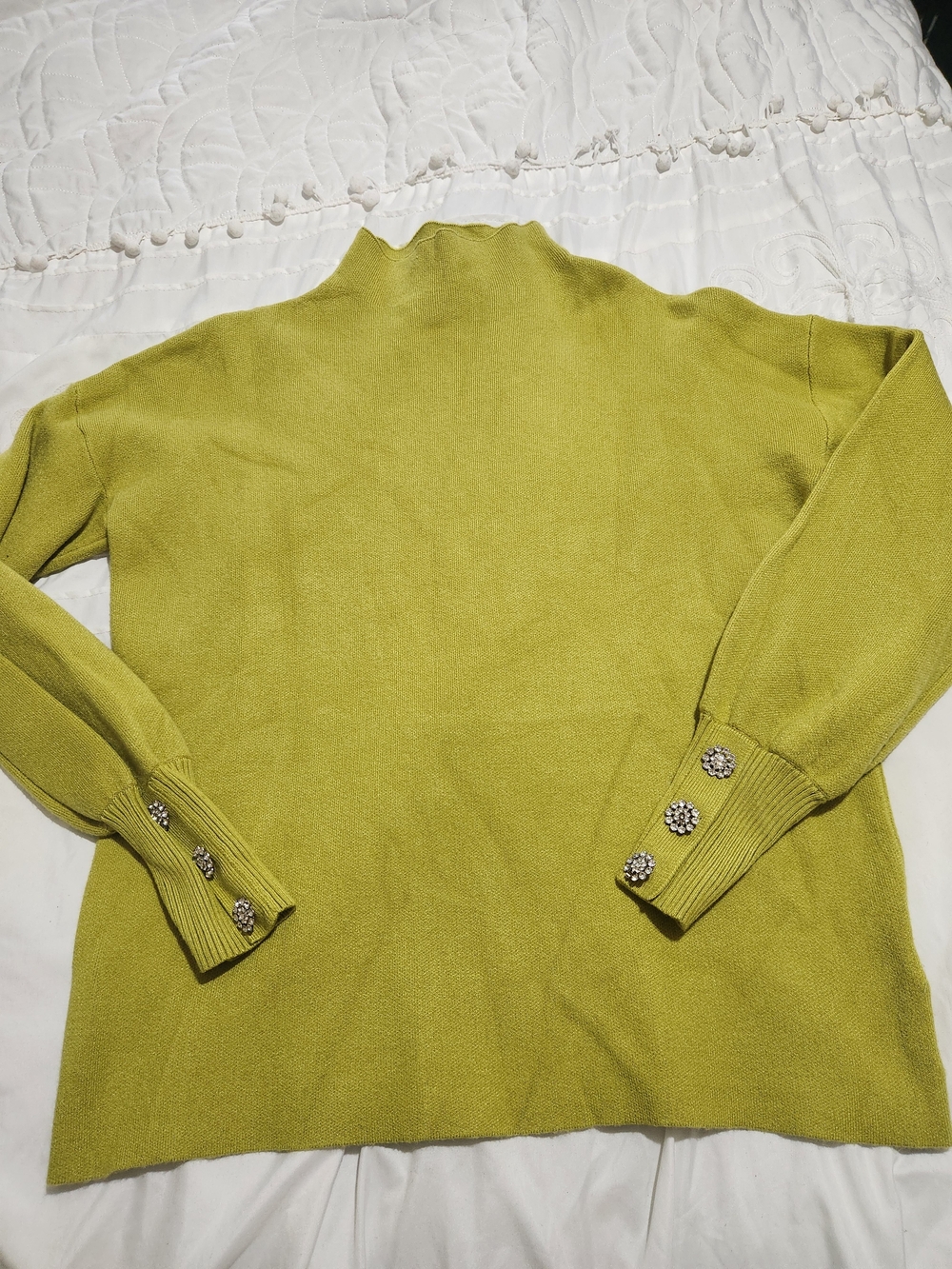 Tahari Mock Neck Lime Green Sweater with Decorative Cuff Buttons